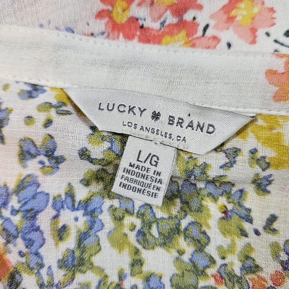 Lucky Brand Floral Print Blouse Size Large V-Neck 3/4 Sleeve Boho Peasant Fairy - Picture 13 of 16